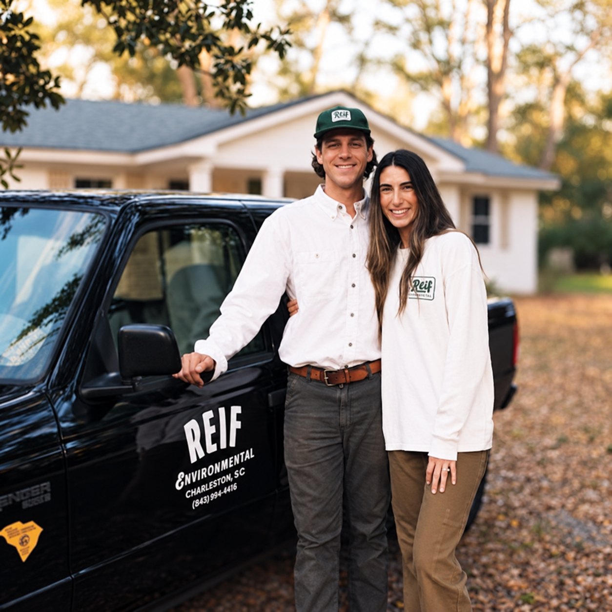 Two Reif Environmental team members standing beside a branded service truck in a driveway.