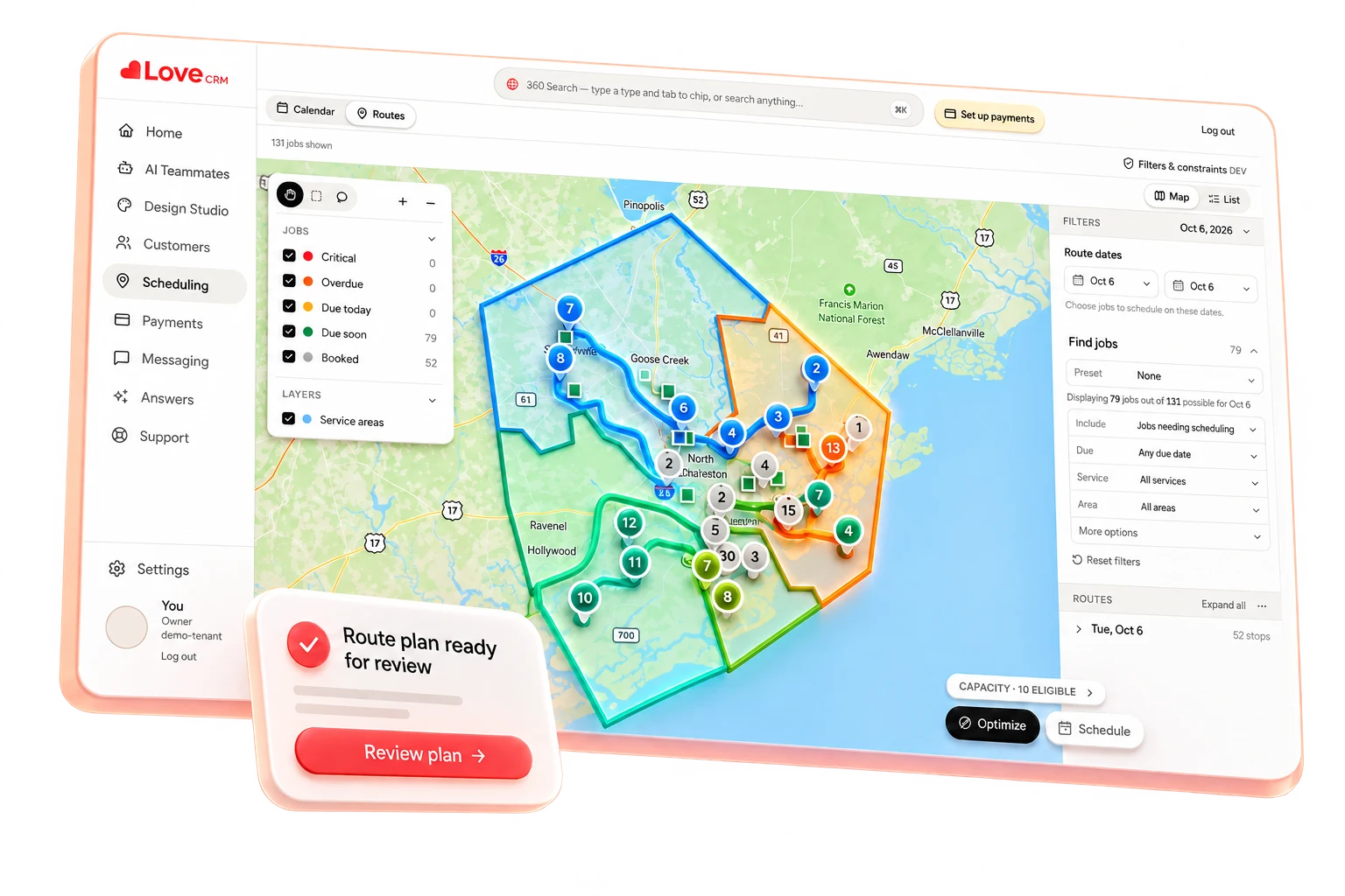Love routing preview with colorful service areas and a route plan ready for human review