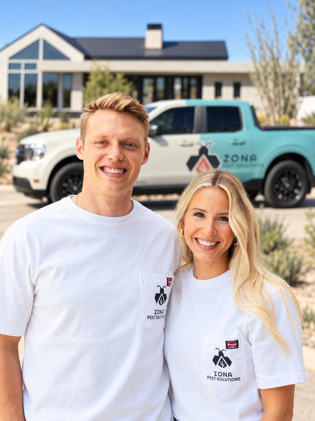 Two Zona Pest Solutions team members standing in front of a branded service truck at a desert home.