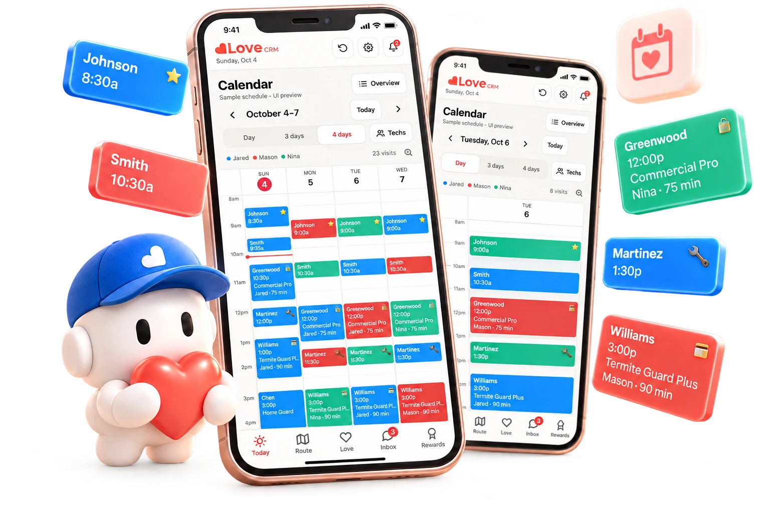 Love technician calendar preview on two phones with colored visits, floating appointment blocks, and a blue teammate holding a heart