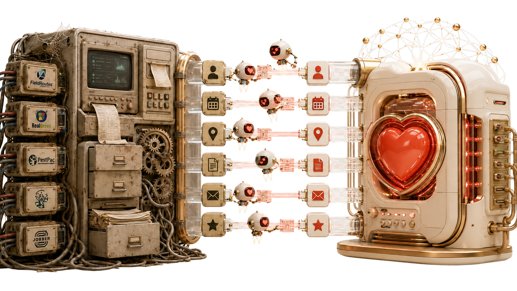A swarm of AI agents moving customers, scheduling, routing, documents, messages, and reviews out of legacy field service software into Love CRM
