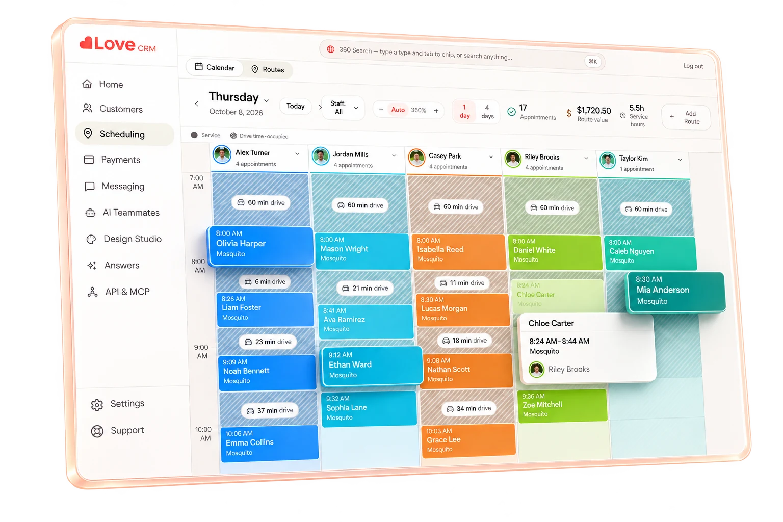 Love CRM desktop calendar with colored technician schedules, lifted visits, and drive-time blocks
