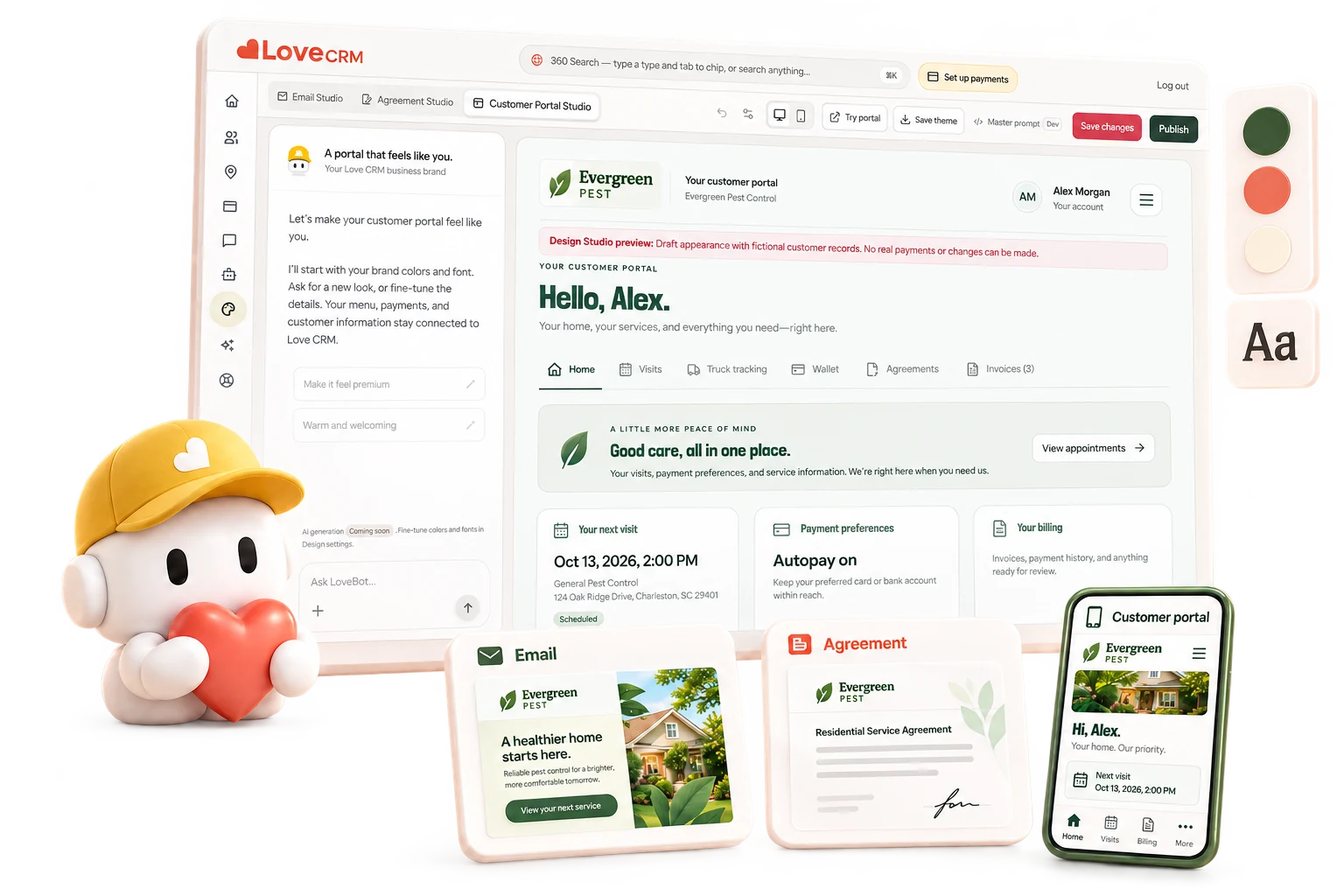Design Studio preview with a branded Evergreen customer portal, email, agreement, mobile portal, and yellow Love bot