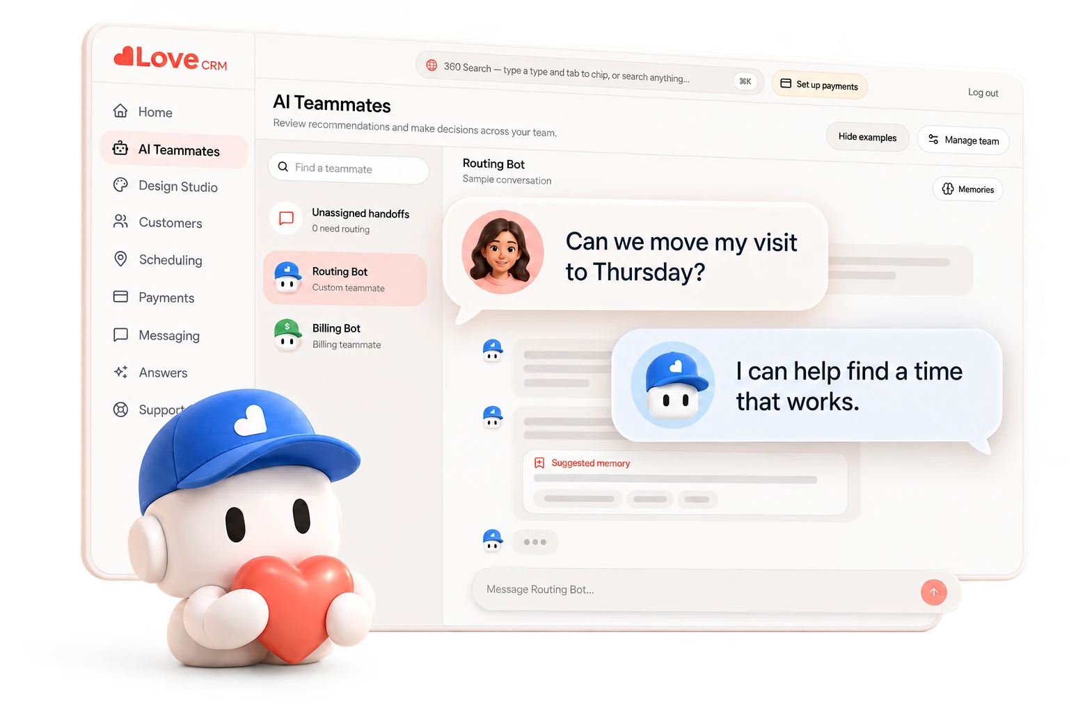 Illustrative Love teammate conversation: a customer asks to move a visit to Thursday and the blue bot offers to find a time